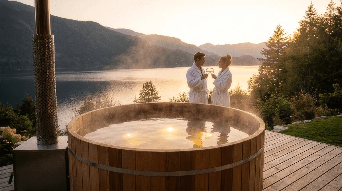 Couple enjoying a hot tub by the lake